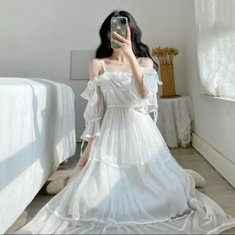 Mua Đầm Thiết kế trắng dài tay - Váy trắng Thiết kế dài tay ren hạt cổ  vuông Ulzzang (hình thật/ sẵn) | Tiki